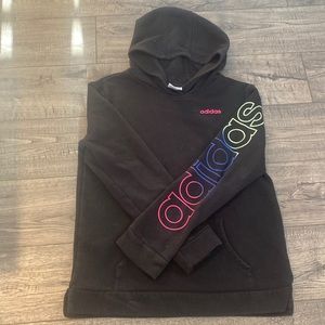 Adidas girls black hoodie with sleeve decal in rainbow. Girls XL